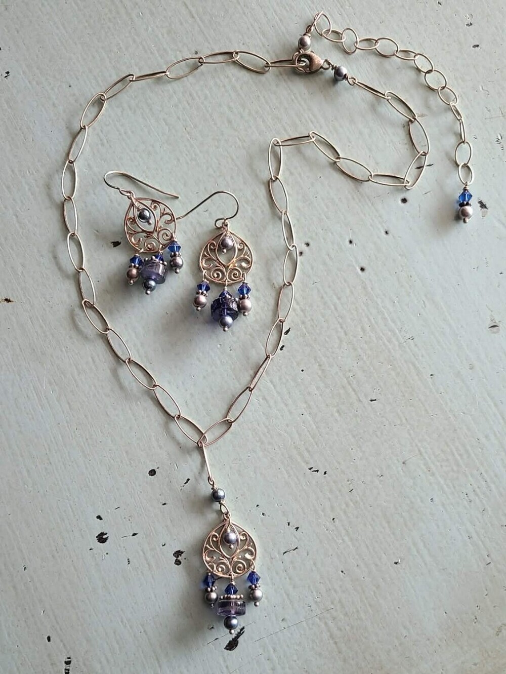 Delicate Silver Filigree Necklace & Earrings Set with Blue Accents
